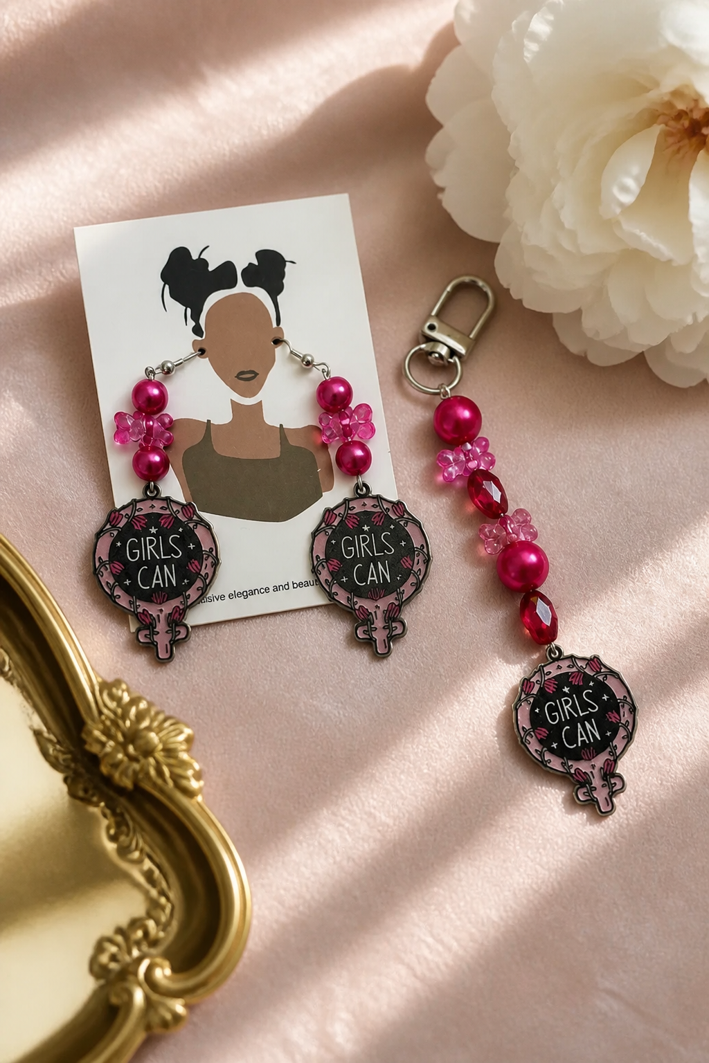 Girls Can Earrings and keychain